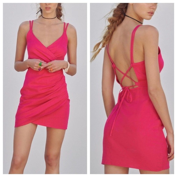 ZARA Pink Linen Faux Wrap Mini Dress Double Straps Tie Back Size XS NWT - Picture 1 of 8